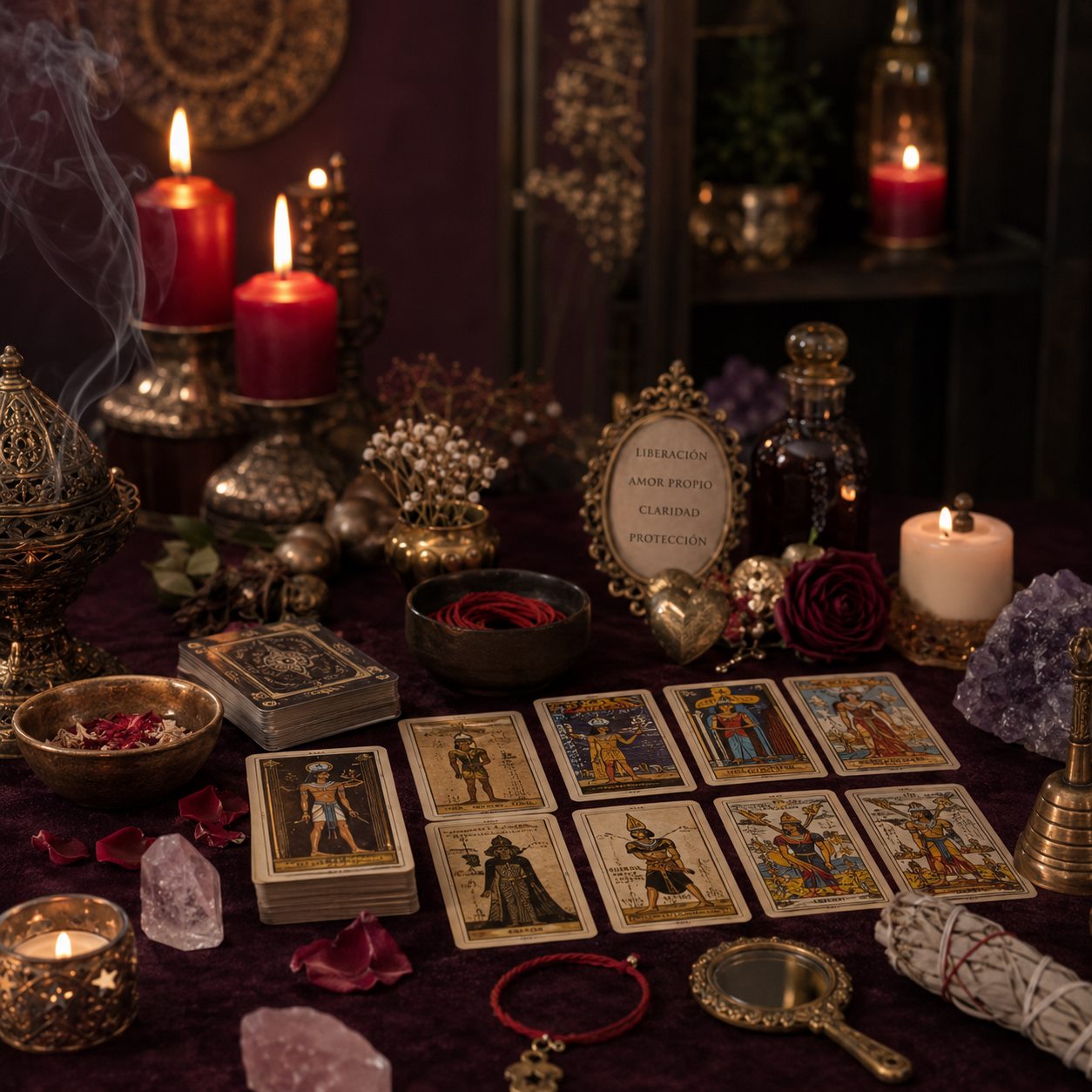 Altar de Diana con tarot egipcio, velas y elementos rituales