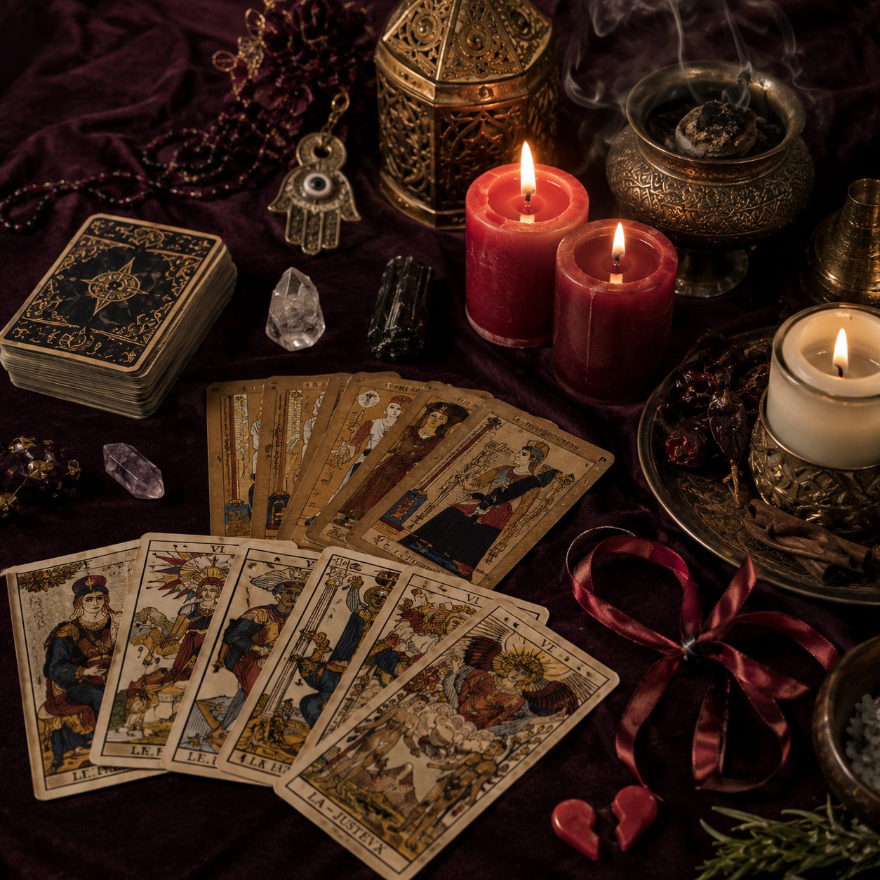 Cartas de tarot y velas en el espacio de consulta de Diana