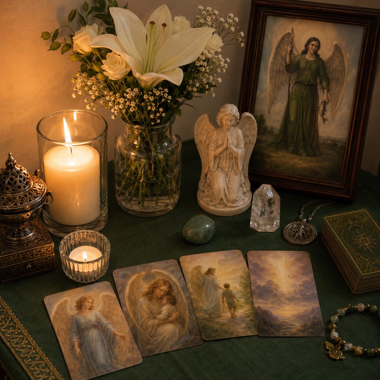 Altar espiritual de Luz con flores, velas y cartas de ángeles