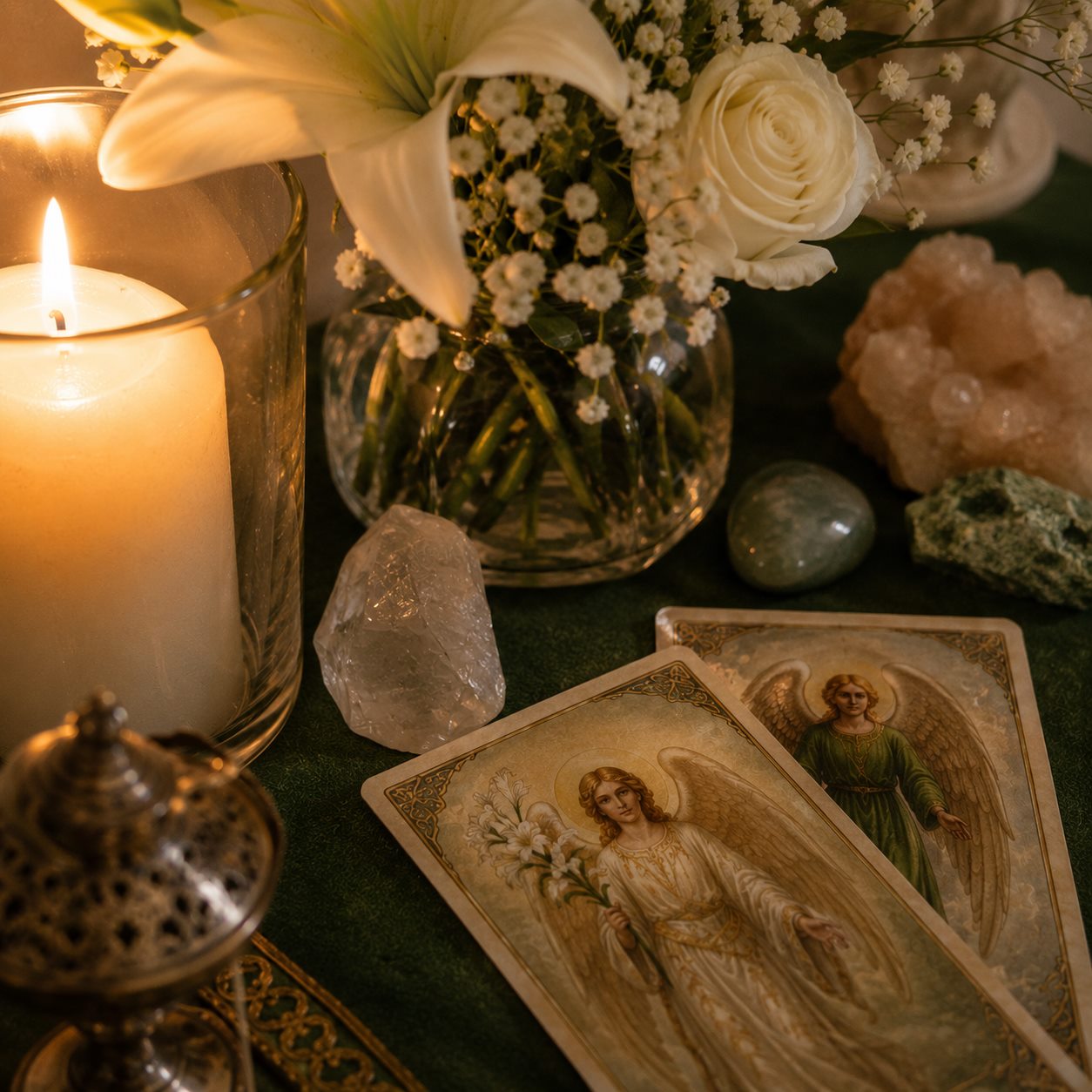 Detalle de cartas de ángeles, flores blancas y minerales