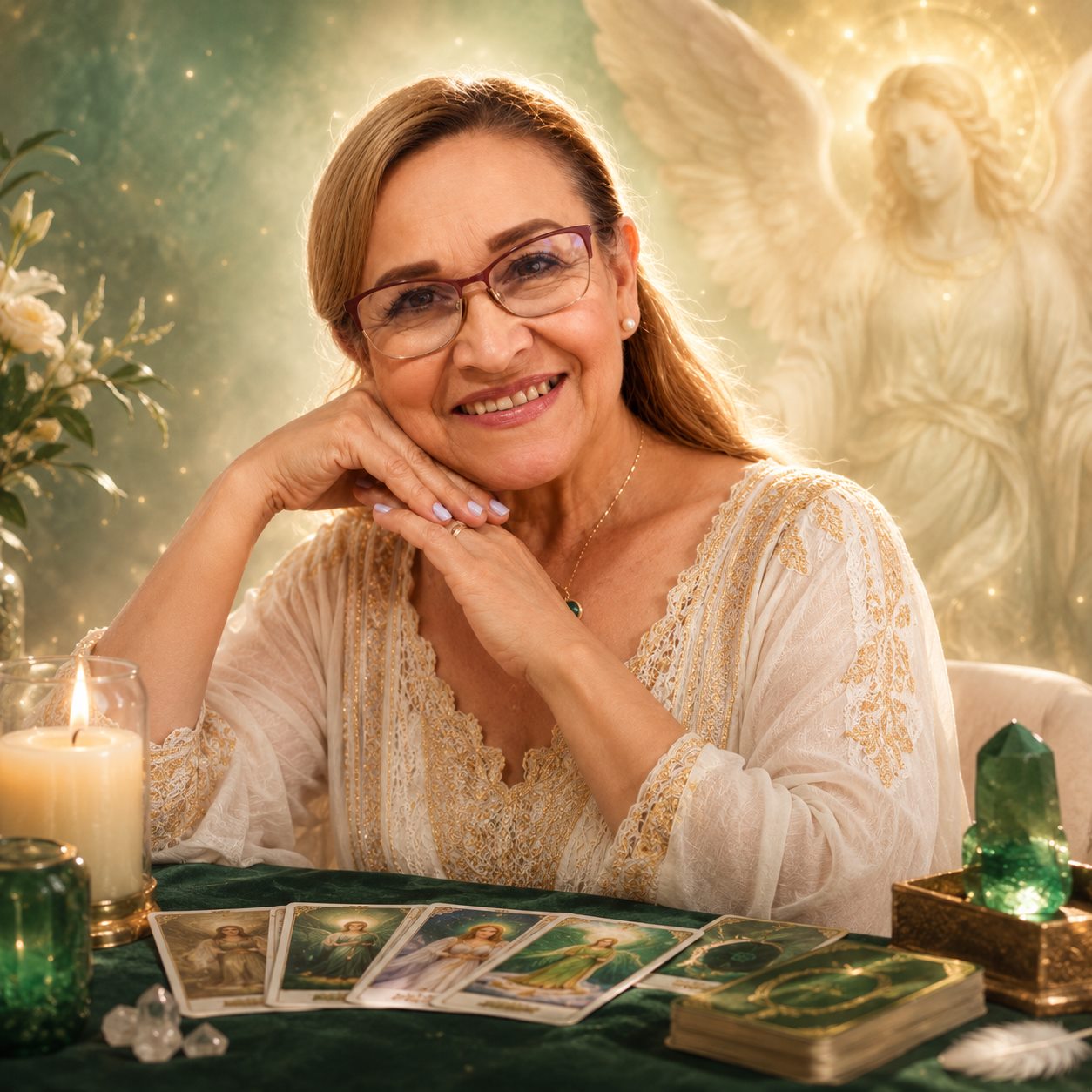Luz junto a cartas de los Arcángeles en su espacio de consulta