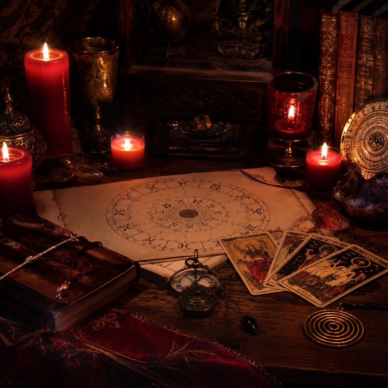 Altar astrológico de Orión con carta zodiacal y péndulo
