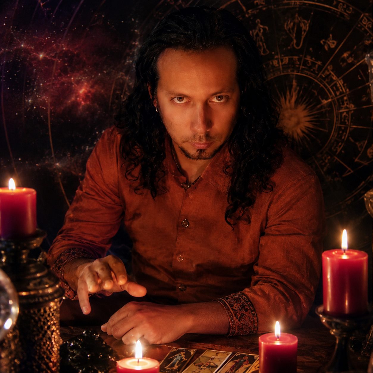 Orión en su espacio de consulta con tarot y símbolos astrológicos