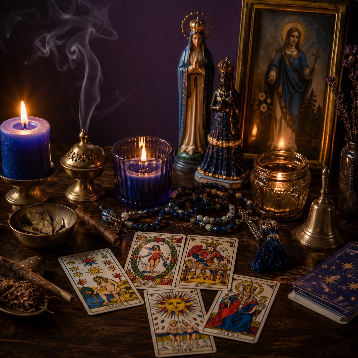 Cartas de tarot, tabaco, rosarios y figuras espirituales del altar de Venus