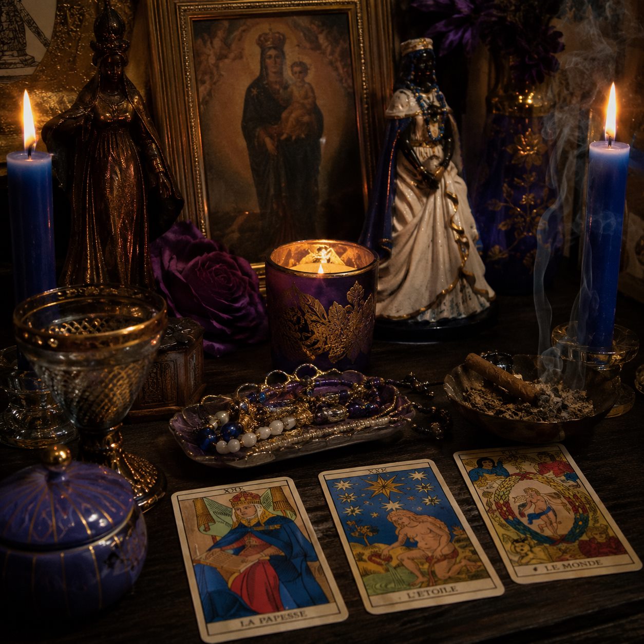 Altar espiritual de Venus con velas azules, santos y tarot