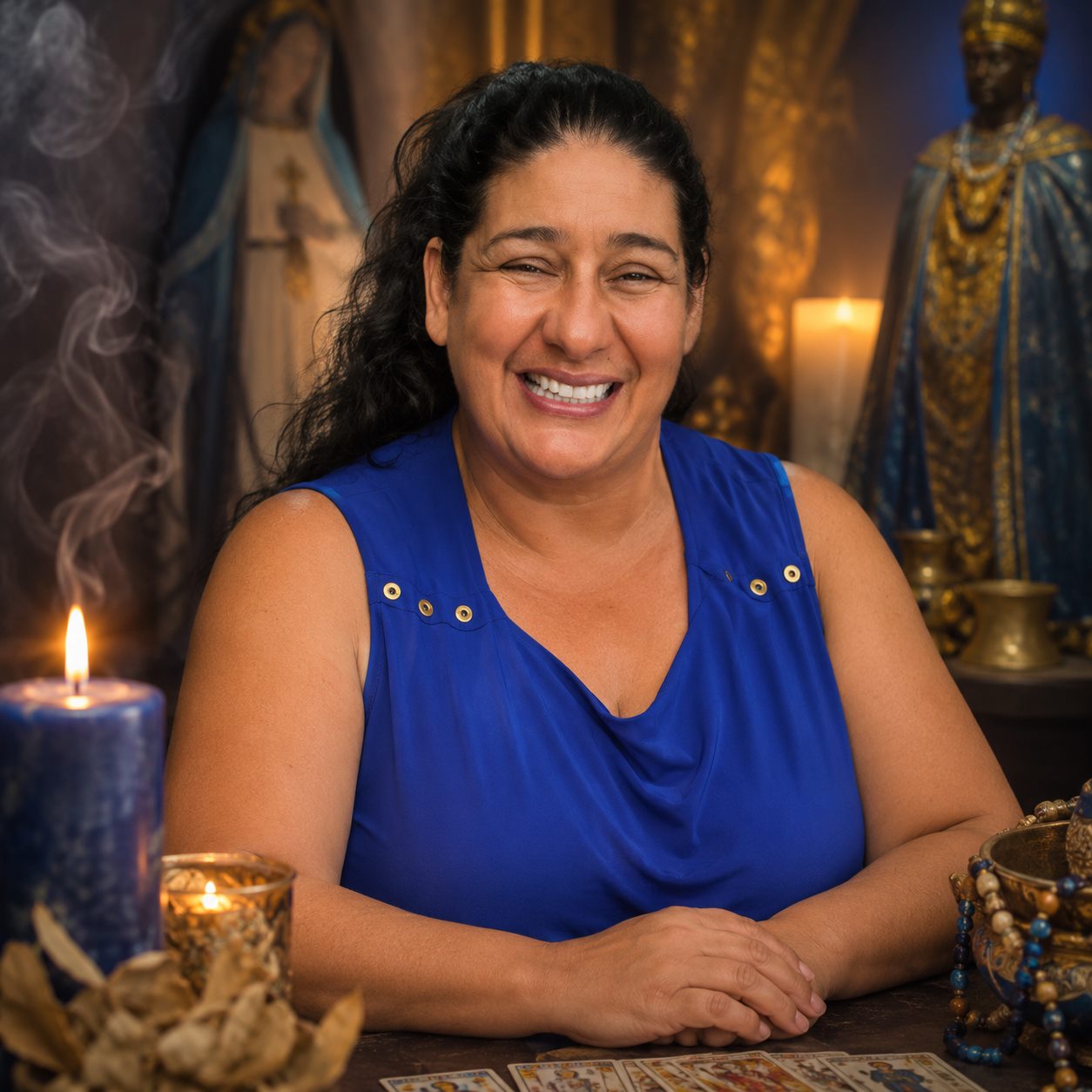 Venus, tarotista de Tarot Hispano, sonriendo en su espacio de consulta
